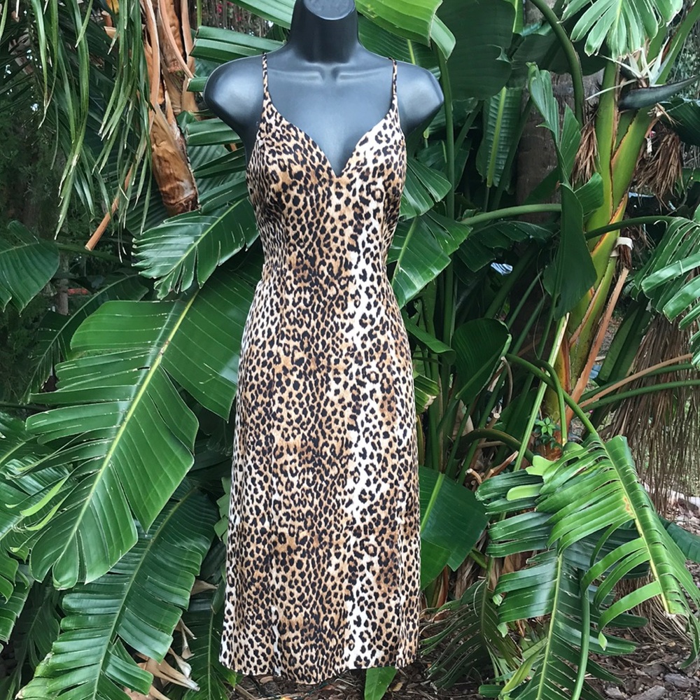 Express leopard print slip dress with front slit
